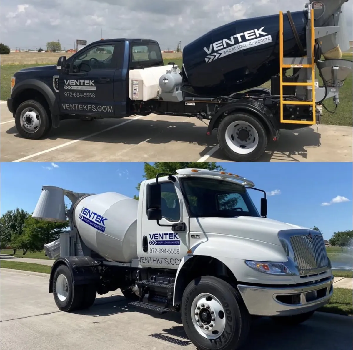 Ventek Short Load Concrete fleet showing navy F-550 mixer and white International truck for residential and commercial projects in Dallas-Fort Worth